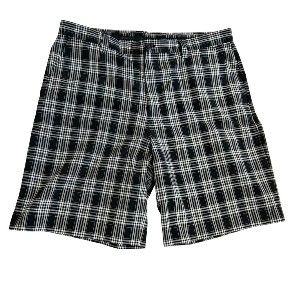 IZOD PerformX Mens Golf Shorts Black White Plaid Performance Flat Front Size 38
